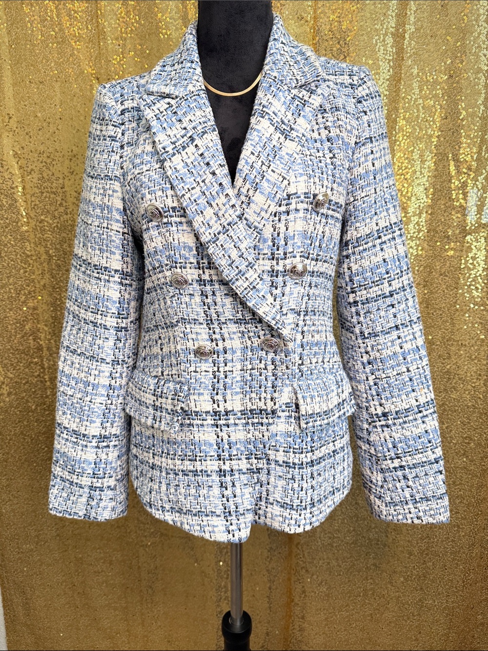 Rachel Zoe Blue and White Double-Breasted Tweed Blazer